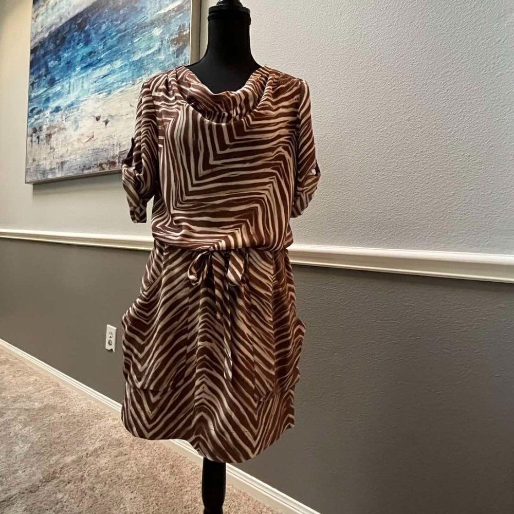 BCBGMAXAZRIA  Brown 100% Silk Midi Dress with Zebra Print size S